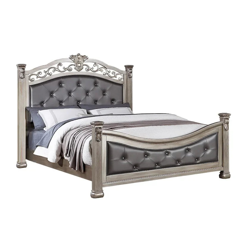 Lit avec tête et pied de lit rembourrés, coloris argent antique