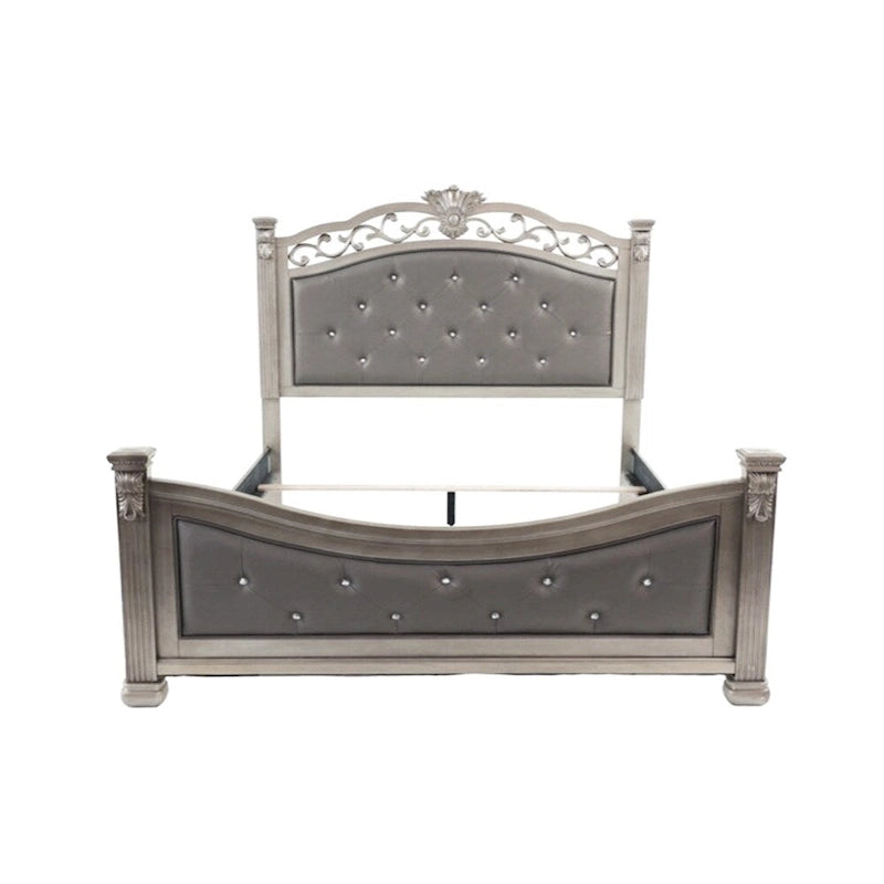 Lit avec tête et pied de lit rembourrés, coloris argent antique
