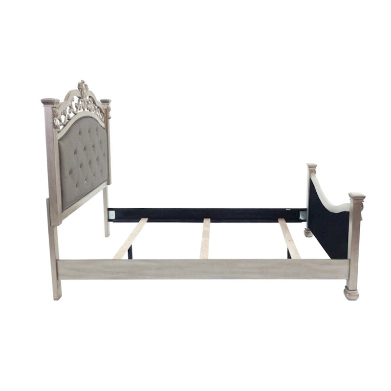 Lit avec tête et pied de lit rembourrés, coloris argent antique
