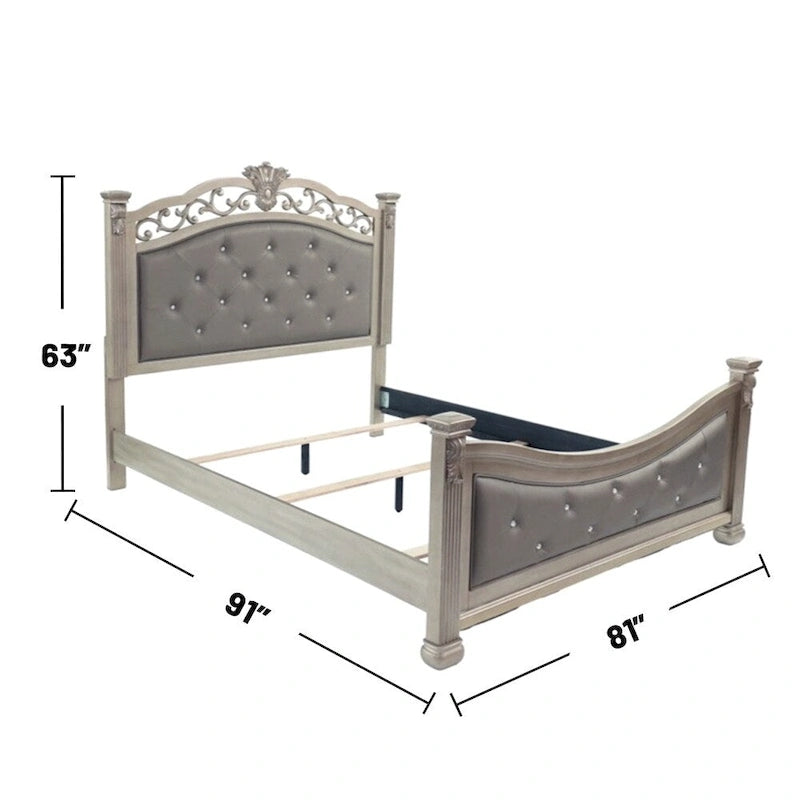 Lit avec tête et pied de lit rembourrés, coloris argent antique