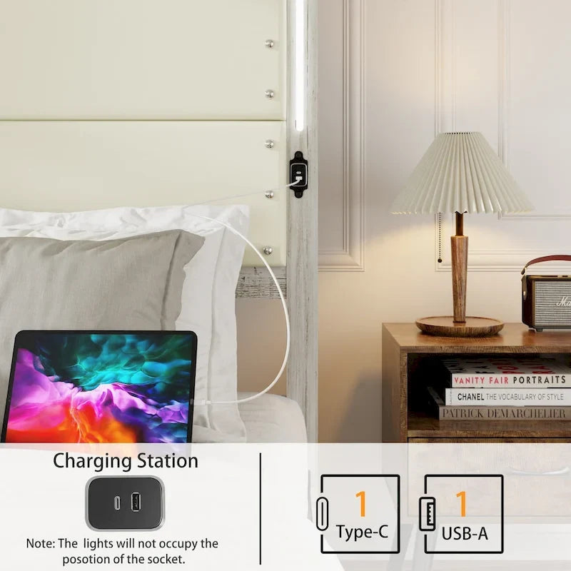 Cadre de lit avec tête de lit et 4 tiroirs de rangement, station de charge et lumières LED