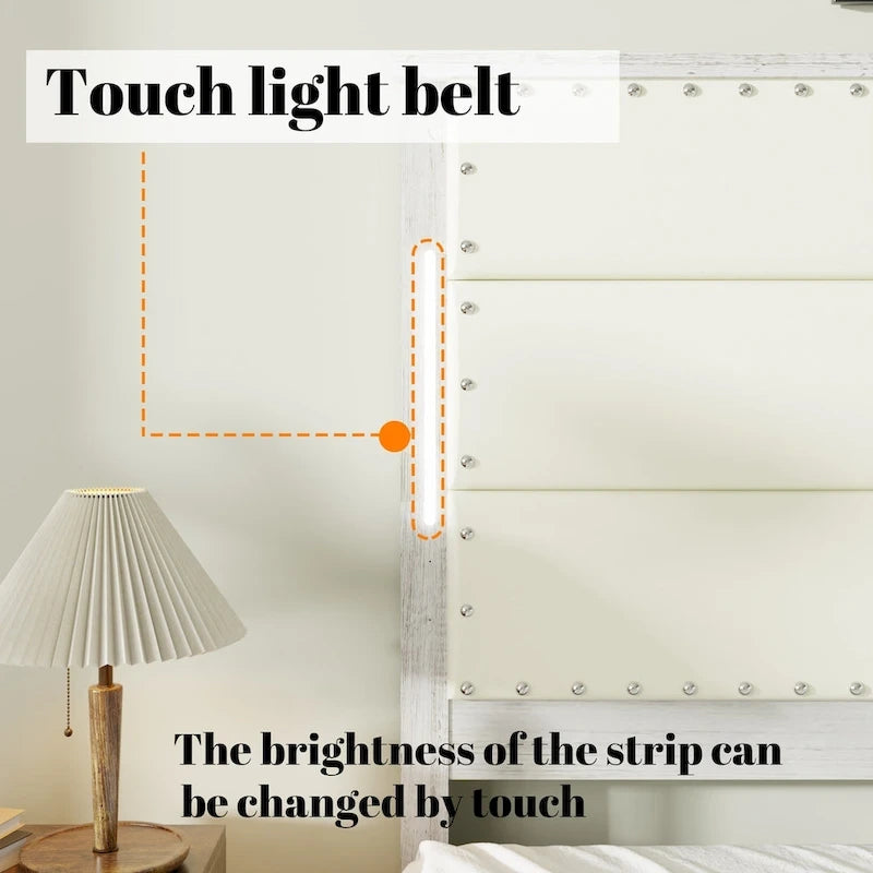 Cadre de lit avec tête de lit et 4 tiroirs de rangement, station de charge et lumières LED