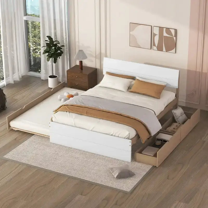 Cadre de lit double avec lit gigogne simple et 2 tiroirs