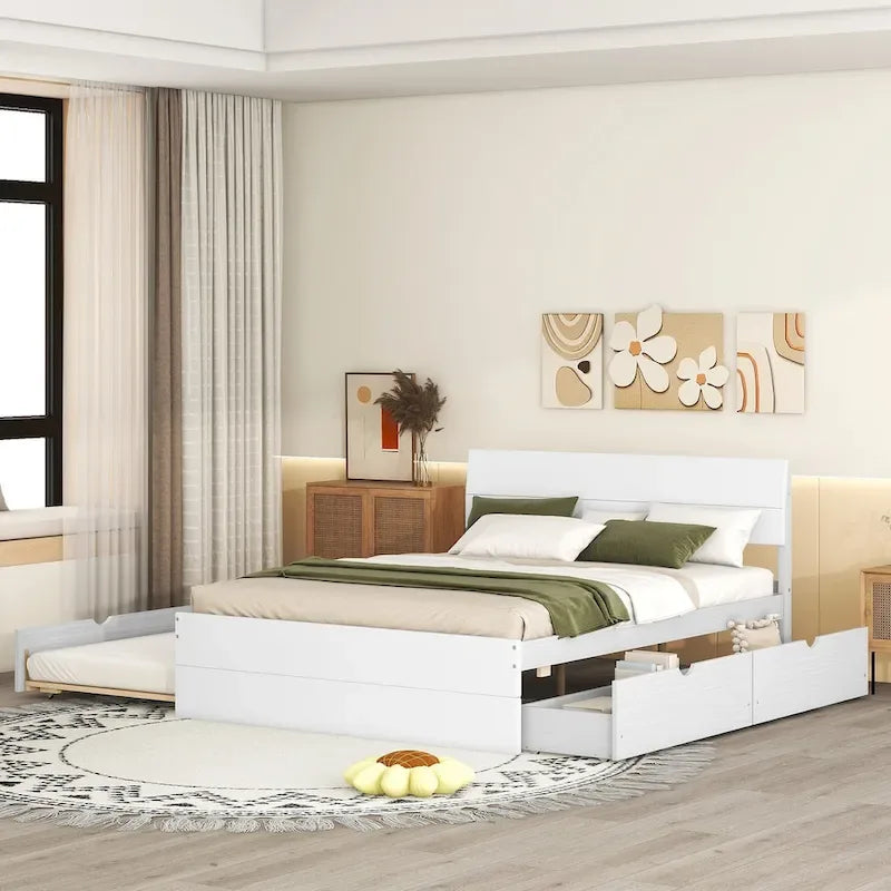 Cadre de lit double avec lit gigogne simple et 2 tiroirs