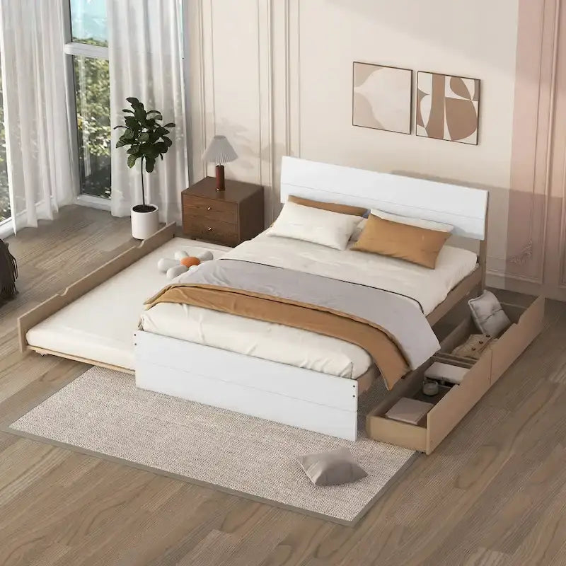 Cadre de lit double avec lit gigogne simple et 2 tiroirs