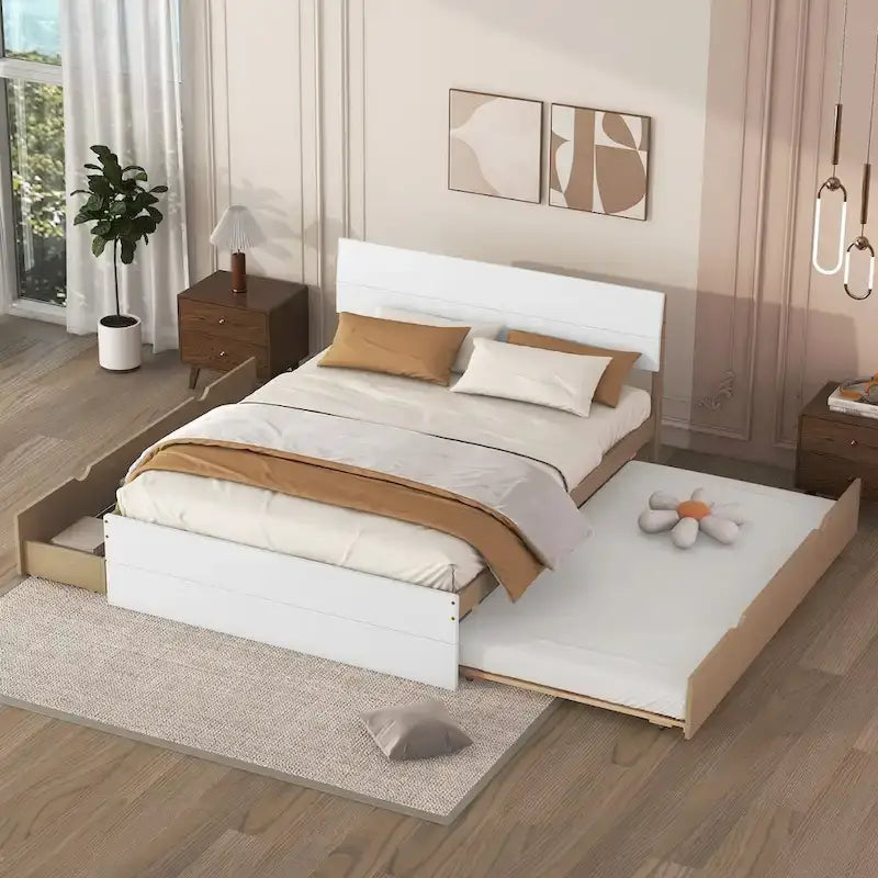 Cadre de lit double avec lit gigogne simple et 2 tiroirs