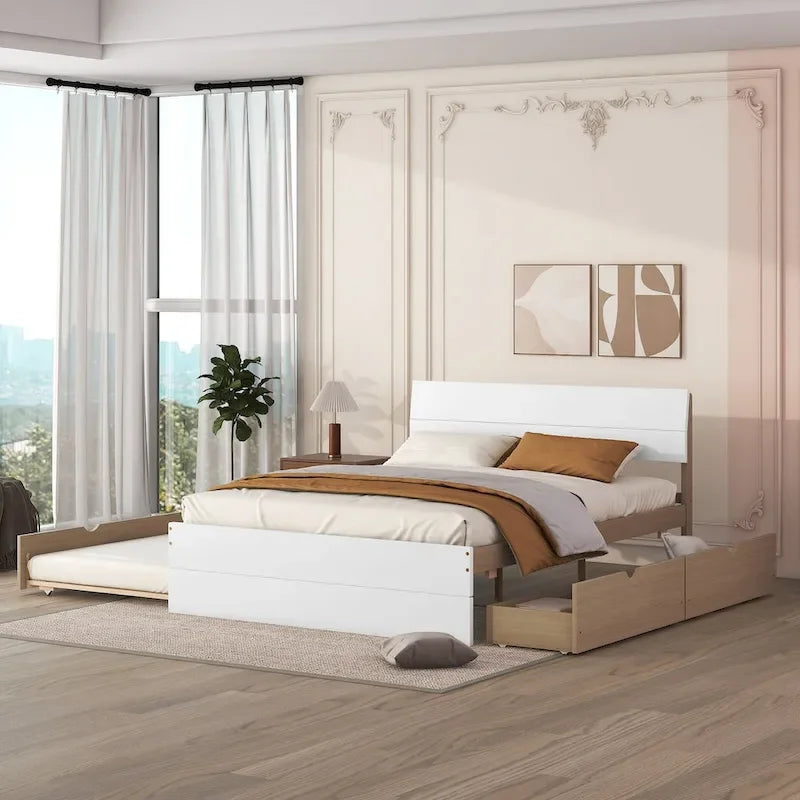 Cadre de lit double avec lit gigogne simple et 2 tiroirs