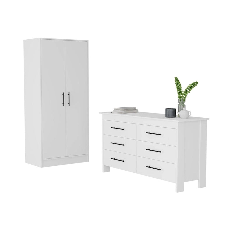 Ensemble de chambre à coucher 2 pièces FM Furniture Canaan avec armoire et commode 6 tiroirs, blanc