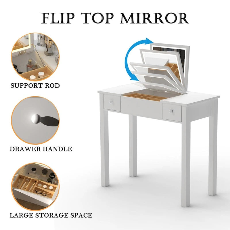 Coiffeuse élégante avec lumières LED, miroir rabattable et 2 tiroirs, rangement à bijoux pour femmes