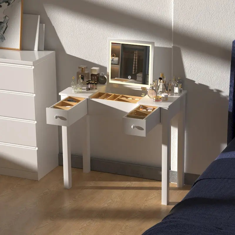 Coiffeuse élégante avec lumières LED, miroir rabattable et 2 tiroirs, rangement à bijoux pour femmes
