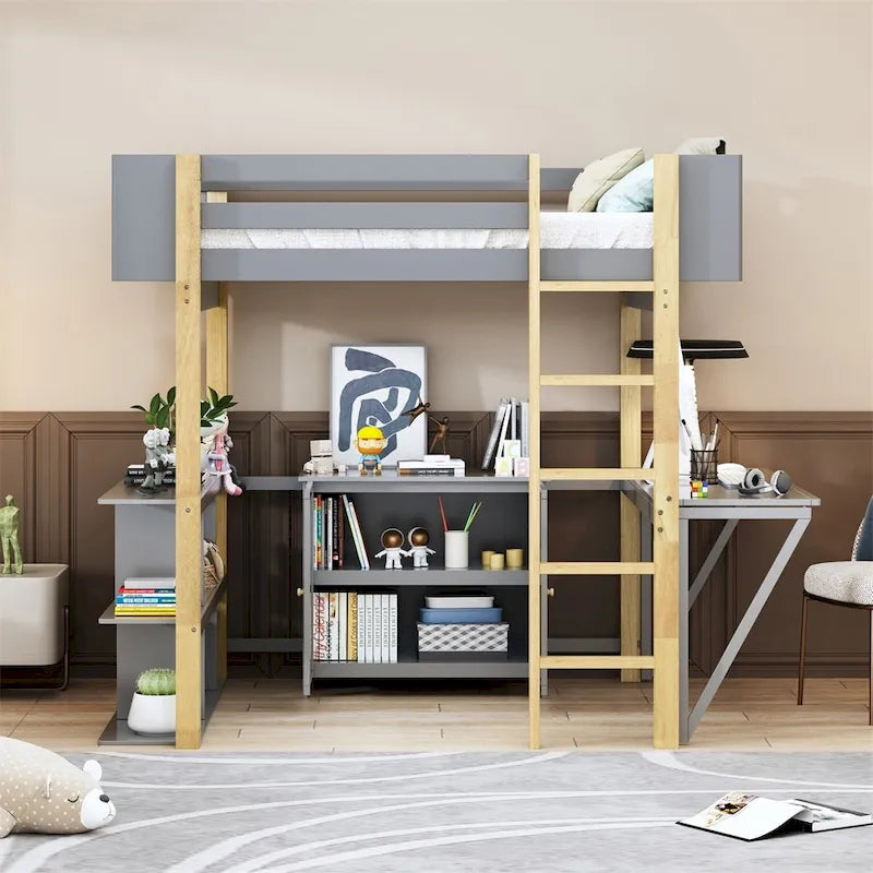 Merax Wood Loft Bed With Built-in Storage Cabinet and Shelves, Foldable desk