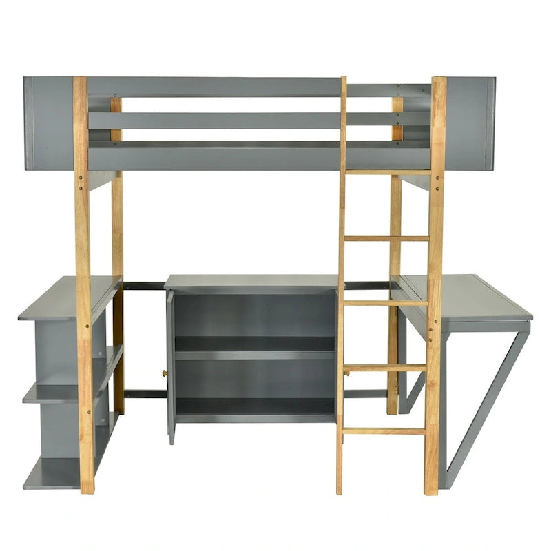 Lit mezzanine Merax en bois avec armoire de rangement intégrée et étagères, bureau pliable