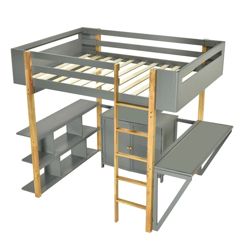 Lit mezzanine Merax en bois avec armoire de rangement intégrée et étagères, bureau pliable