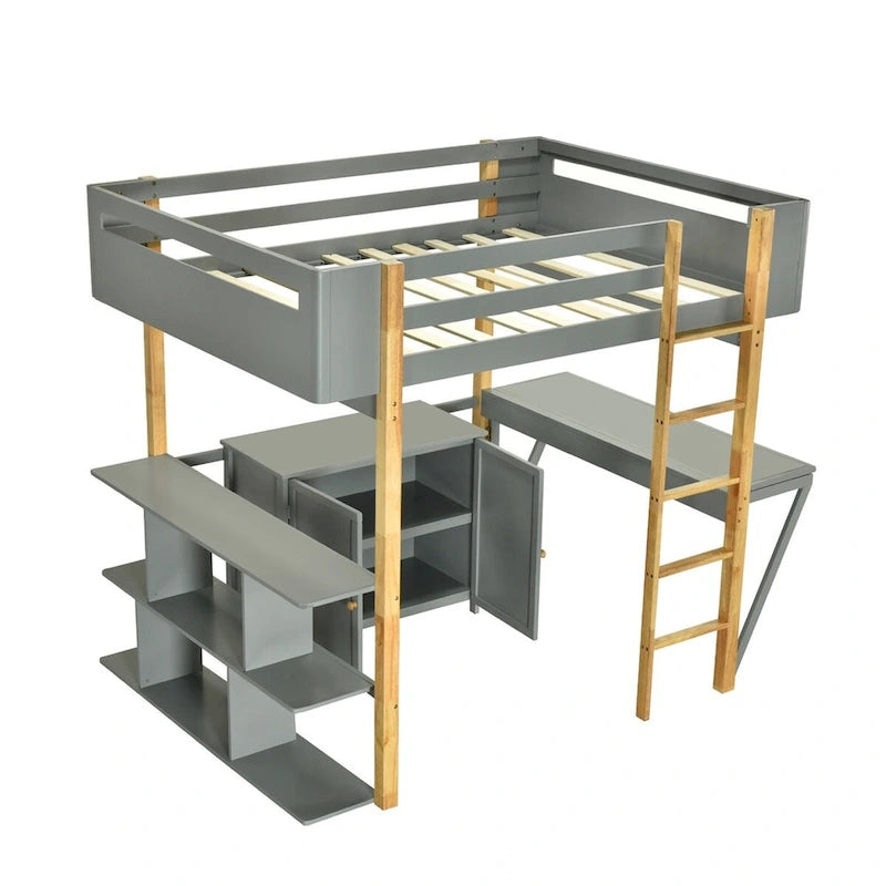 Lit mezzanine Merax en bois avec armoire de rangement intégrée et étagères, bureau pliable