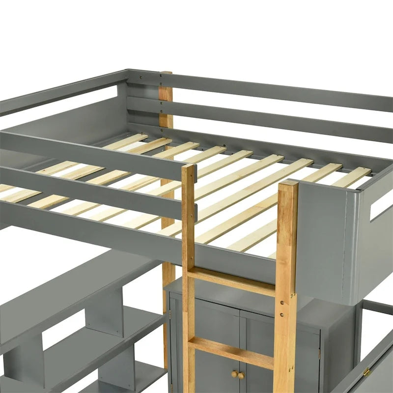Lit mezzanine Merax en bois avec armoire de rangement intégrée et étagères, bureau pliable