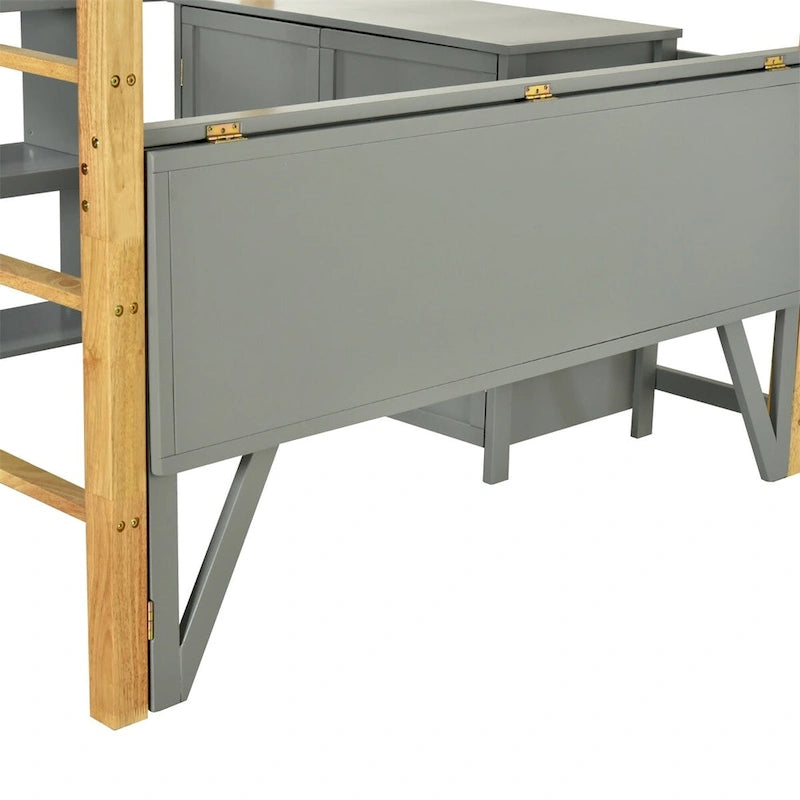Lit mezzanine Merax en bois avec armoire de rangement intégrée et étagères, bureau pliable