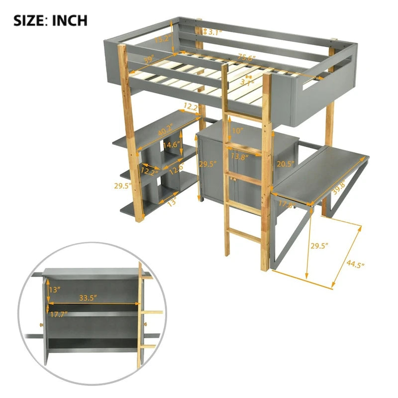 Lit mezzanine Merax en bois avec armoire de rangement intégrée et étagères, bureau pliable