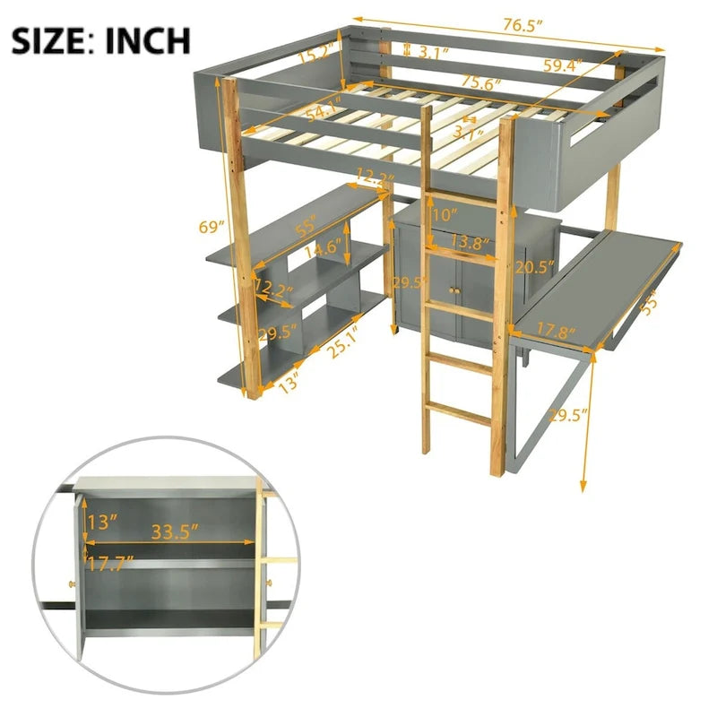 Lit mezzanine Merax en bois avec armoire de rangement intégrée et étagères, bureau pliable
