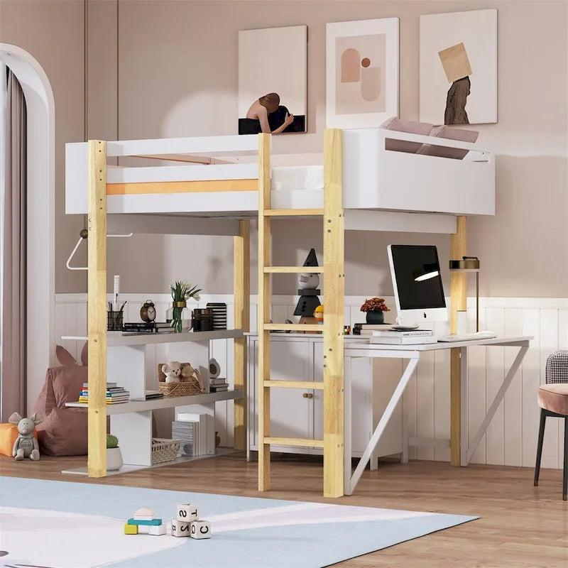 Lit mezzanine Merax en bois avec armoire de rangement intégrée et étagères, bureau pliable