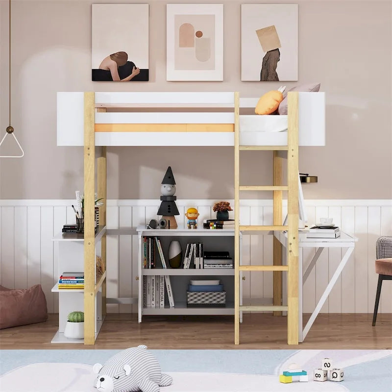 Lit mezzanine Merax en bois avec armoire de rangement intégrée et étagères, bureau pliable