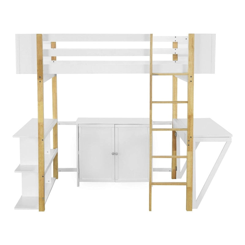 Lit mezzanine Merax en bois avec armoire de rangement intégrée et étagères, bureau pliable