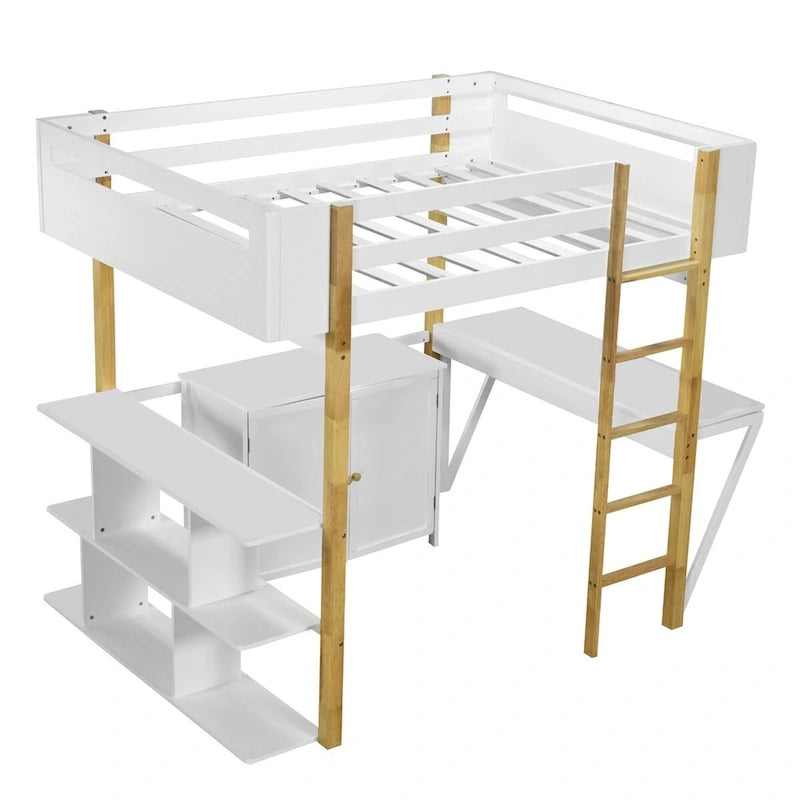 Lit mezzanine Merax en bois avec armoire de rangement intégrée et étagères, bureau pliable