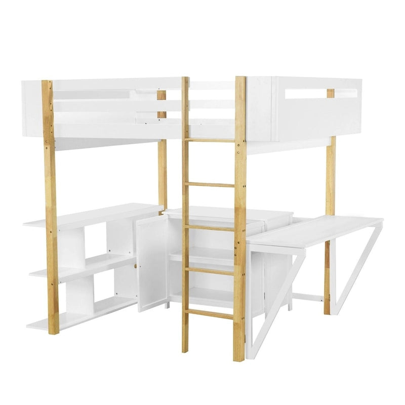 Lit mezzanine Merax en bois avec armoire de rangement intégrée et étagères, bureau pliable