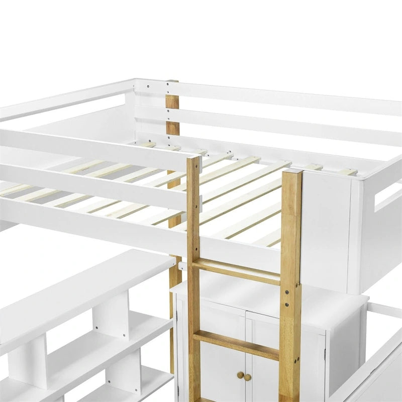Lit mezzanine Merax en bois avec armoire de rangement intégrée et étagères, bureau pliable