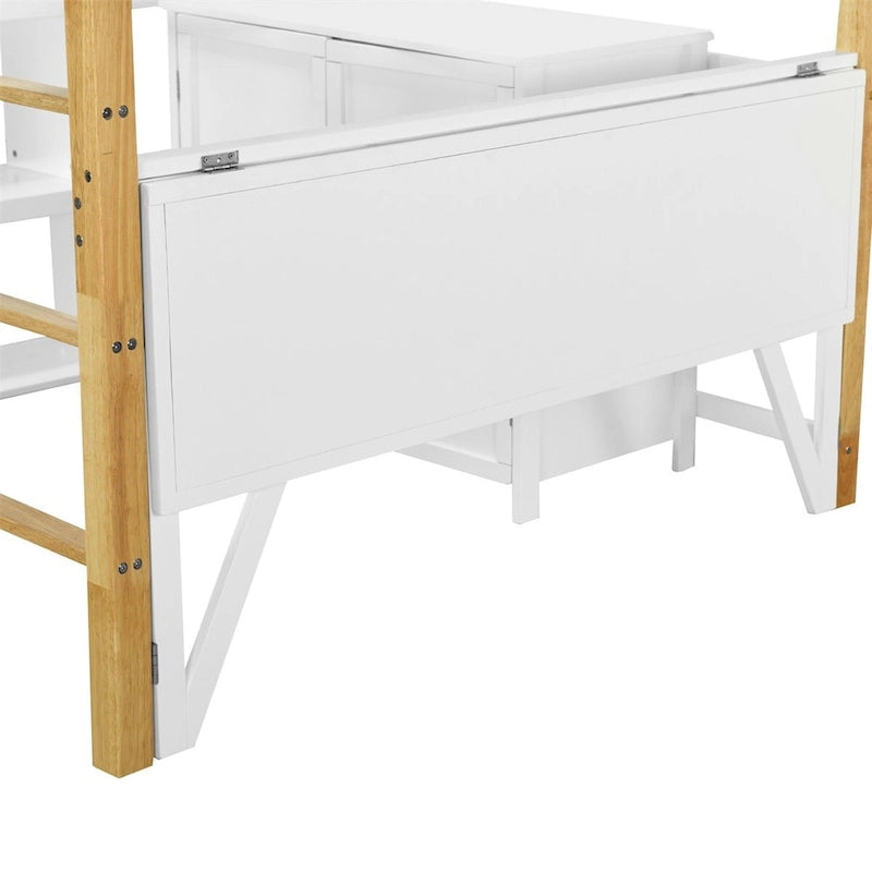 Lit mezzanine Merax en bois avec armoire de rangement intégrée et étagères, bureau pliable
