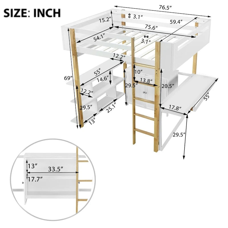 Lit mezzanine Merax en bois avec armoire de rangement intégrée et étagères, bureau pliable