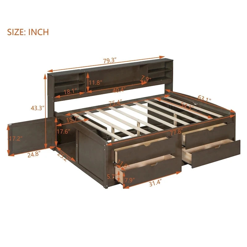 Lit de repos double Merax en bois avec armoires, étagères et 4 tiroirs
