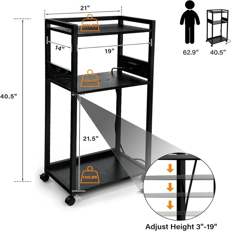 Meuble d'imprimante mobile à 3 niveaux - 19Px 14Lx 40H