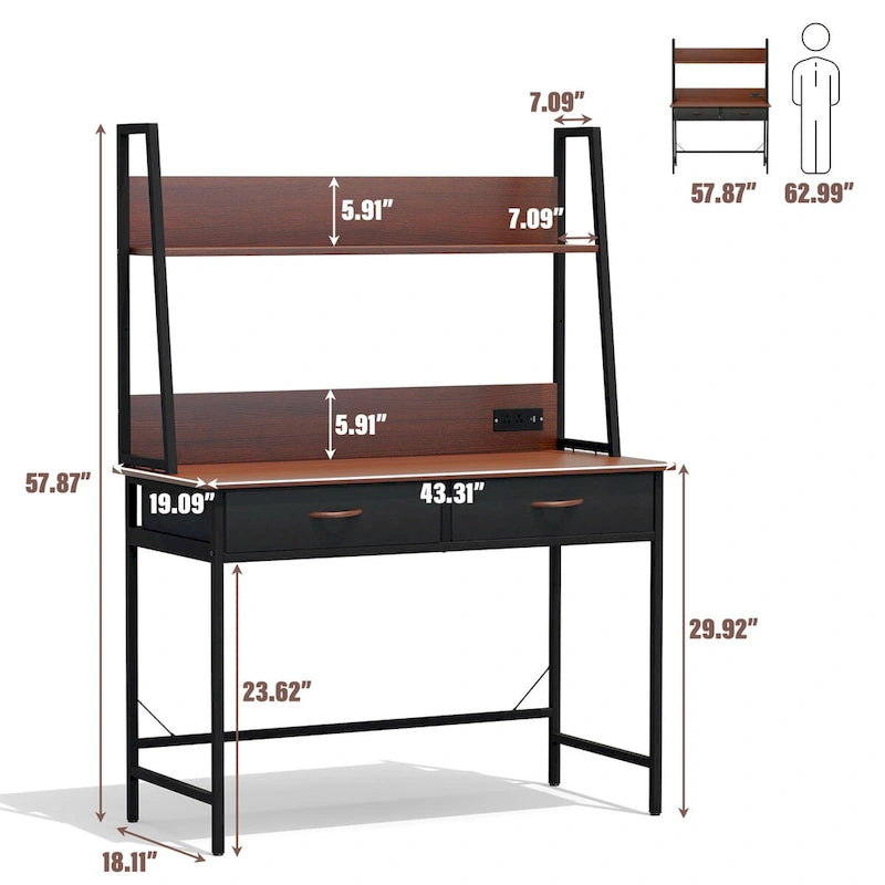 Bureau d'ordinateur avec prises de courant, tiroirs et étagère de rangement, poste de travail pour bureau à domicile
