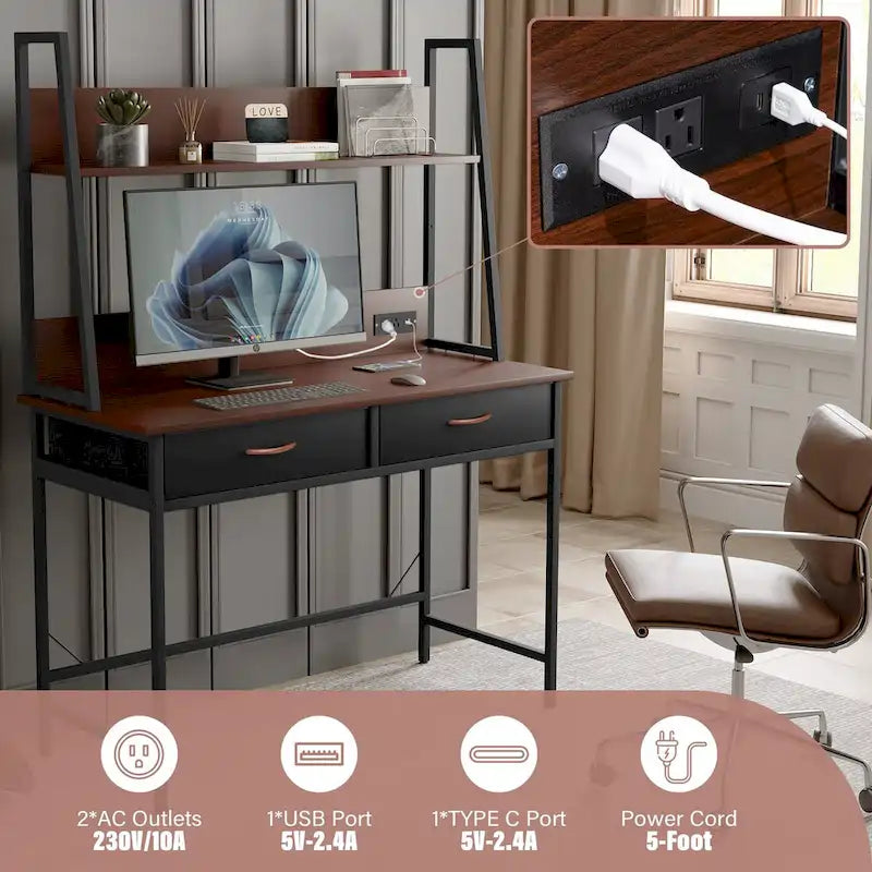 Bureau d'ordinateur avec prises de courant, tiroirs et étagère de rangement, poste de travail pour bureau à domicile