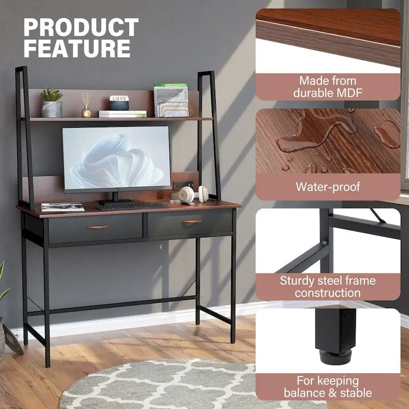 Bureau d'ordinateur avec prises de courant, tiroirs et étagère de rangement, poste de travail pour bureau à domicile