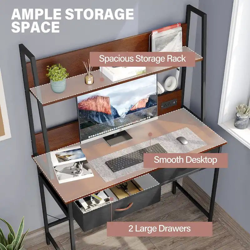 Bureau d'ordinateur avec prises de courant, tiroirs et étagère de rangement, poste de travail pour bureau à domicile