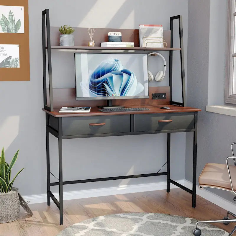 Bureau d'ordinateur avec prises de courant, tiroirs et étagère de rangement, poste de travail pour bureau à domicile