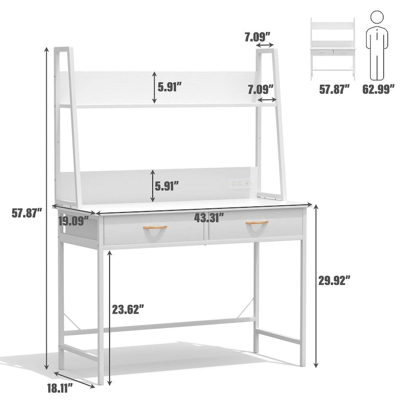 Bureau d'ordinateur avec prises de courant, tiroirs et étagère de rangement, poste de travail pour bureau à domicile