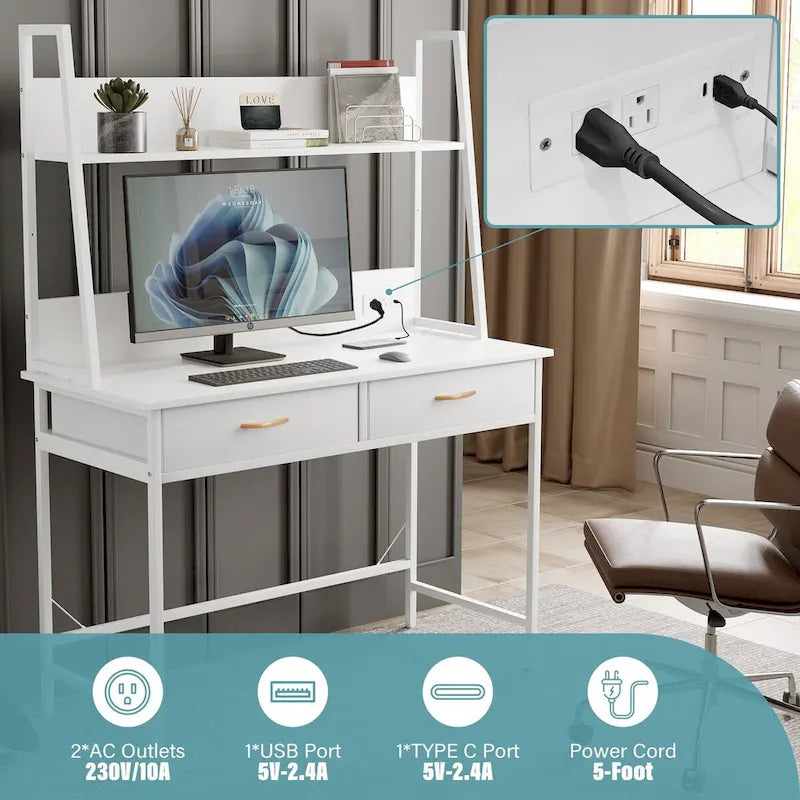 Bureau d'ordinateur avec prises de courant, tiroirs et étagère de rangement, poste de travail pour bureau à domicile