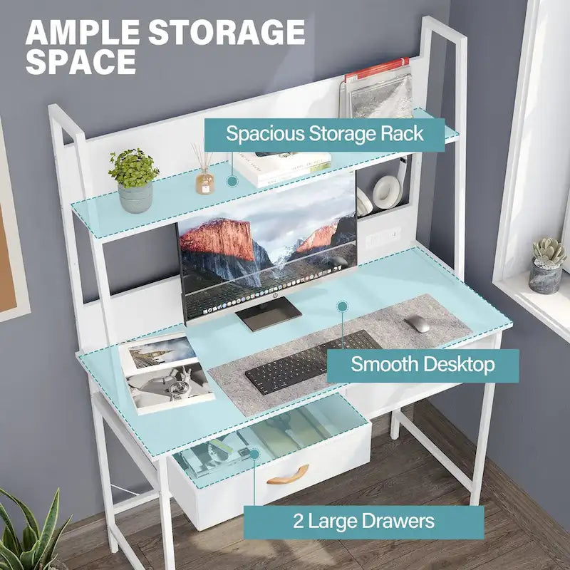 Bureau d'ordinateur avec prises de courant, tiroirs et étagère de rangement, poste de travail pour bureau à domicile