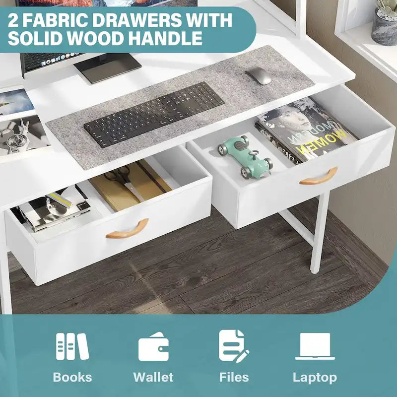 Bureau d'ordinateur avec prises de courant, tiroirs et étagère de rangement, poste de travail pour bureau à domicile