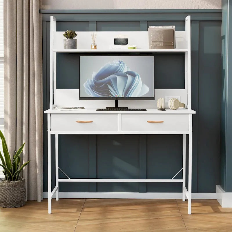 Bureau d'ordinateur avec prises de courant, tiroirs et étagère de rangement, poste de travail pour bureau à domicile