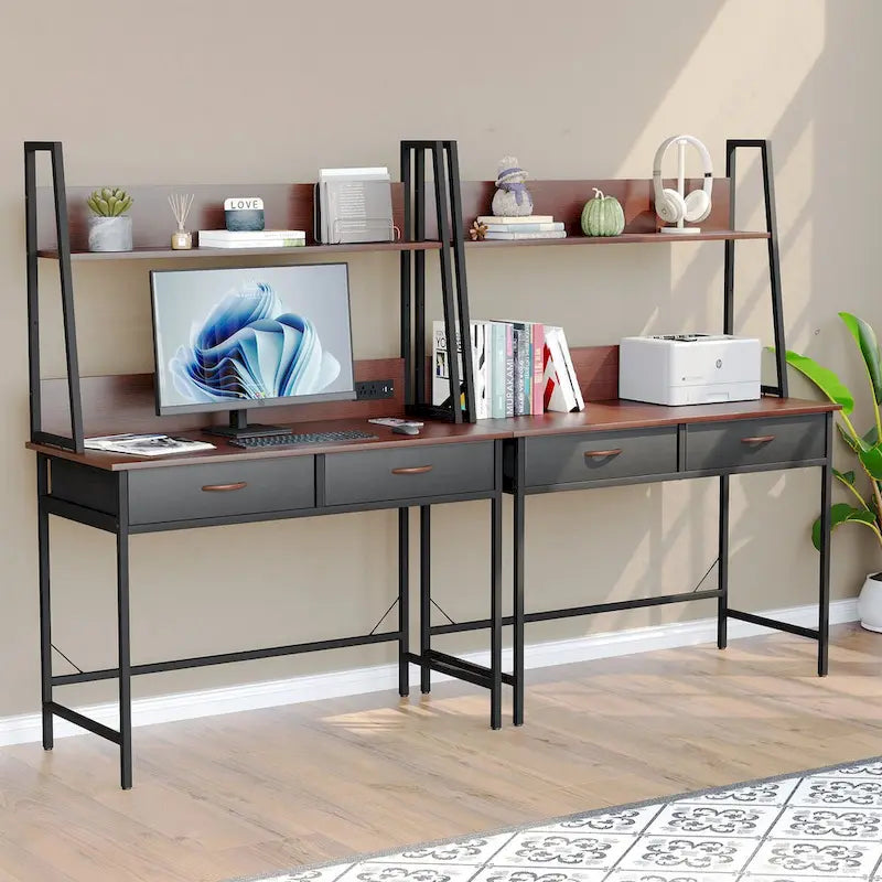 Bureau d'ordinateur avec prises de courant, tiroirs et étagère de rangement, poste de travail pour bureau à domicile