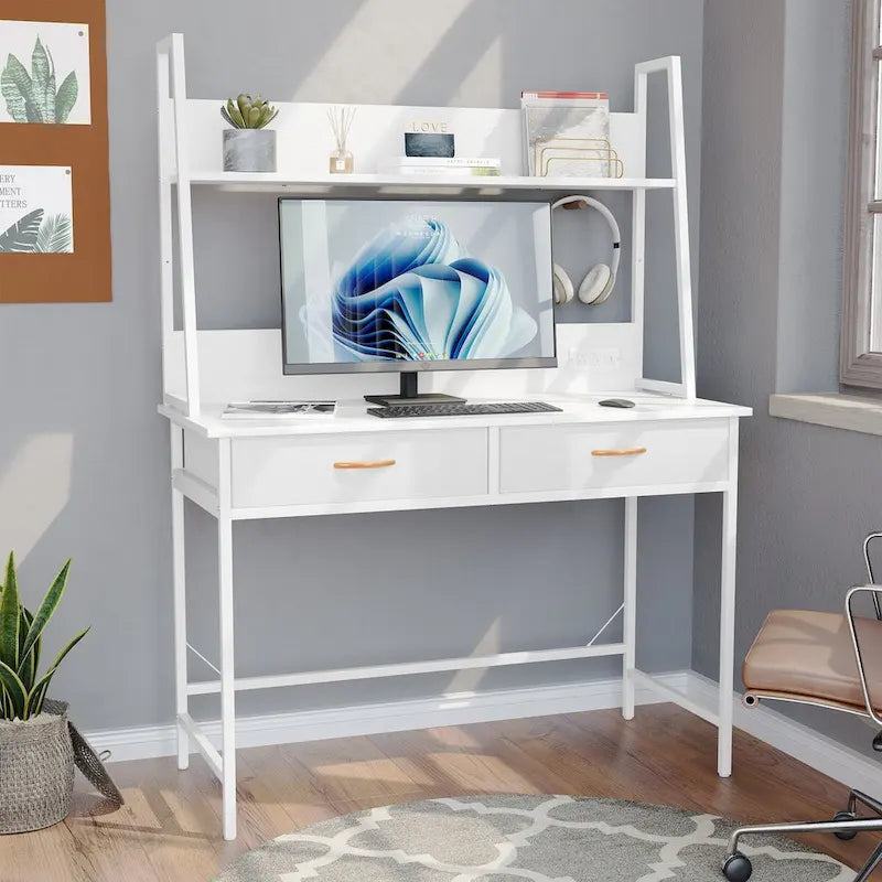 Bureau d'ordinateur avec prises de courant, tiroirs et étagère de rangement, poste de travail pour bureau à domicile
