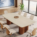 Table de conférence de 1,98 m avec plateau en pierre frittée et base en bois massif à rayures ondulées