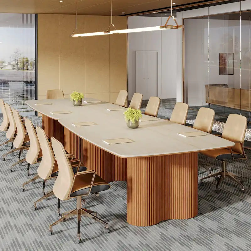 Table de conférence de 1,98 m avec plateau en pierre frittée et base en bois massif à rayures ondulées
