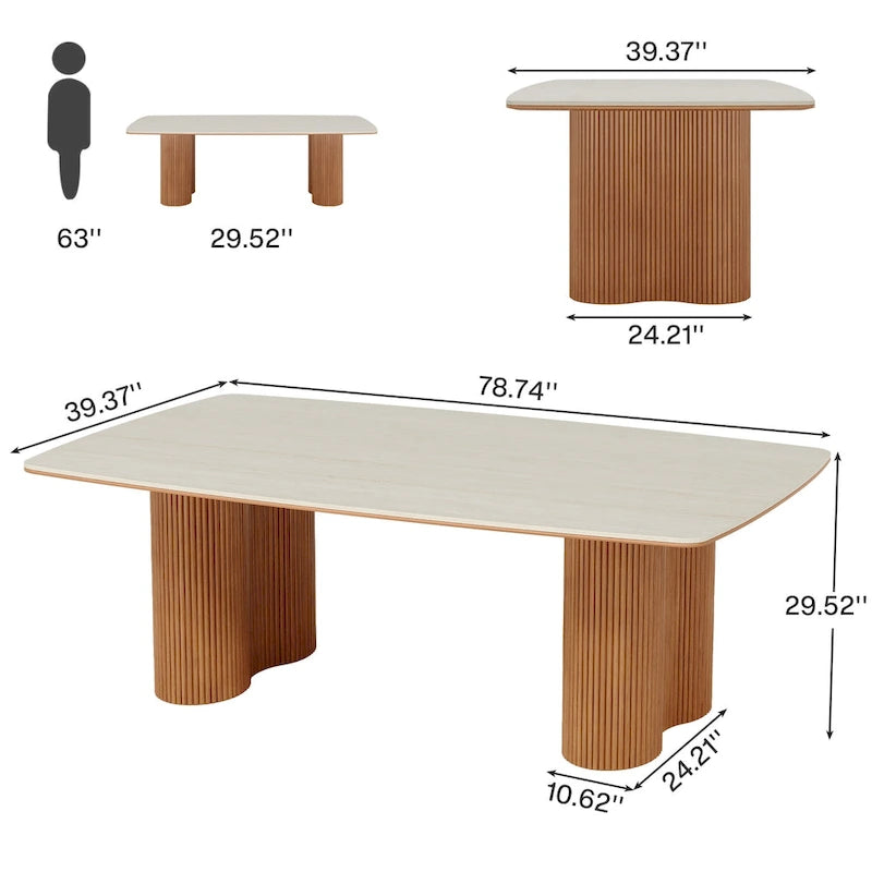 Table de conférence de 1,98 m avec plateau en pierre frittée et base en bois massif à rayures ondulées