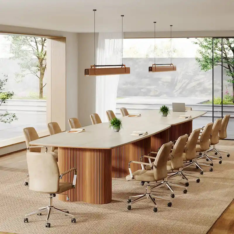 Table de conférence de 1,98 m avec plateau en pierre frittée et base en bois massif à rayures ondulées