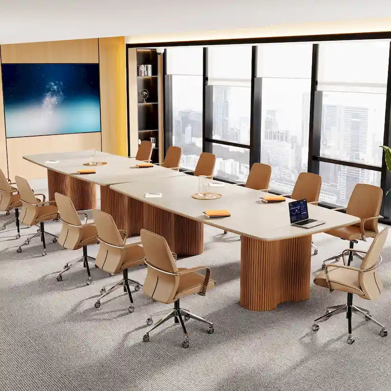 Table de conférence de 1,98 m avec plateau en pierre frittée et base en bois massif à rayures ondulées