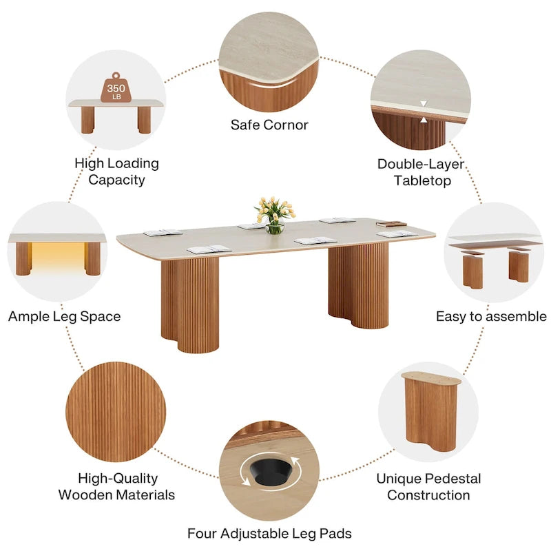 Table de conférence de 1,98 m avec plateau en pierre frittée et base en bois massif à rayures ondulées